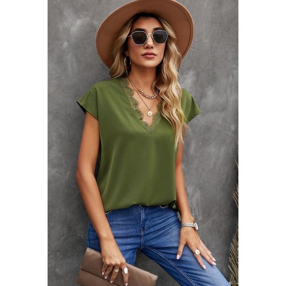 Azura Exchange  Green V Neck Lace Trim T-shirt - Picture 5 of 15